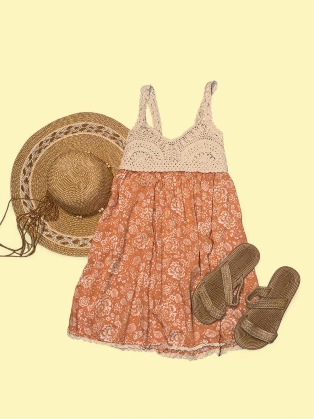 Crochet Orange Floral Sundress- L